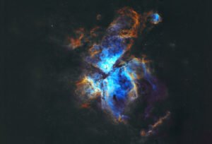 This image shows the whole Eta Carinae complex, (top facing north, left facing east) centred on η (Eta) Carinae, a binary star system at least 120 times the mass of the Sun and five million times as luminous as the Sun, which, with other star clusters, shapes and illuminates the Nebula. Collections: Carina Nebula Complex _ Southern Celestial Hemisphere