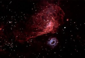 Cosmic reef, with giant red nebula (NGC 2014) and smaller blue nighbour (NGC 2020), 160,000 light-years distant in Large Magellanic Cloud. Collections: LMC _ Southern Celestial Hemisphere