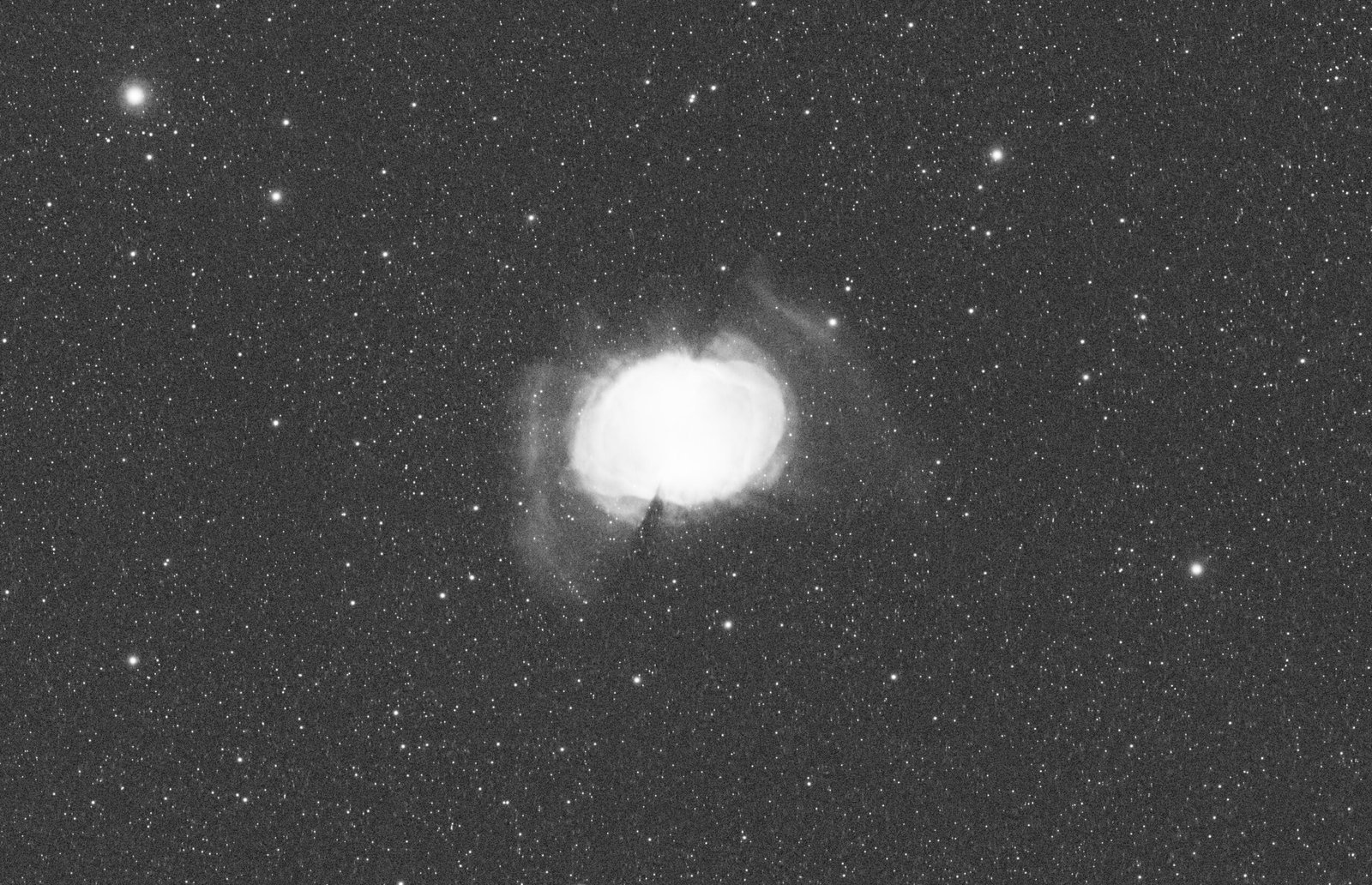 Dumbell Nebula: Master OIII linear stack of M27 at 450 seconds, where the outer gas wings emerge beautifully but the bright core is completely saturated and blown out.