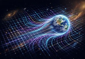 Visualizing the geometry of the cosmos. This AI-generated piece combines the physical form of Earth with a stylized three-dimensional space grid, depicting our planet speeding through the mathematical fabric of space-time and warping the underlying grid with its velocity.