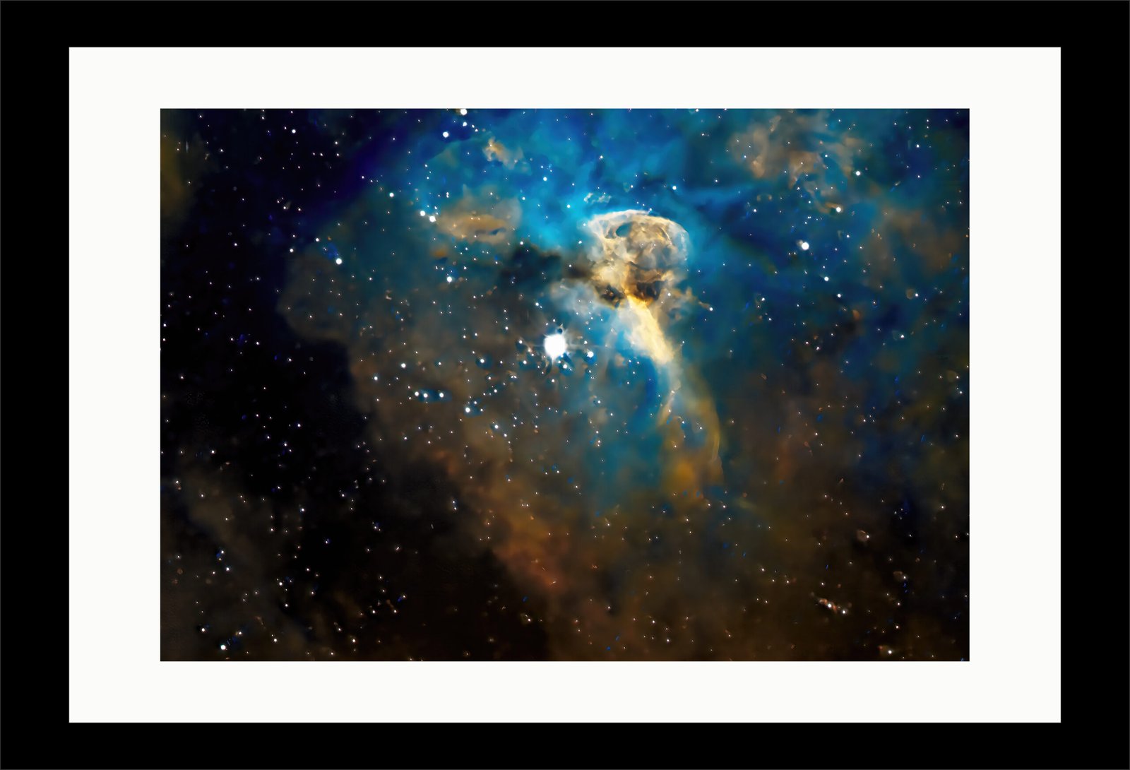 Fully processed, the hidden details of the Carina Nebula core burst into view. The intricate, fiery structures of the Keyhole Nebula wrap around the dazzling, volatile Eta Carinae star system. Mounted in a sleek black frame with a crisp white internal edge, this gallery piece strikes a beautiful balance between raw cosmic power and modern, minimalist presentation.
