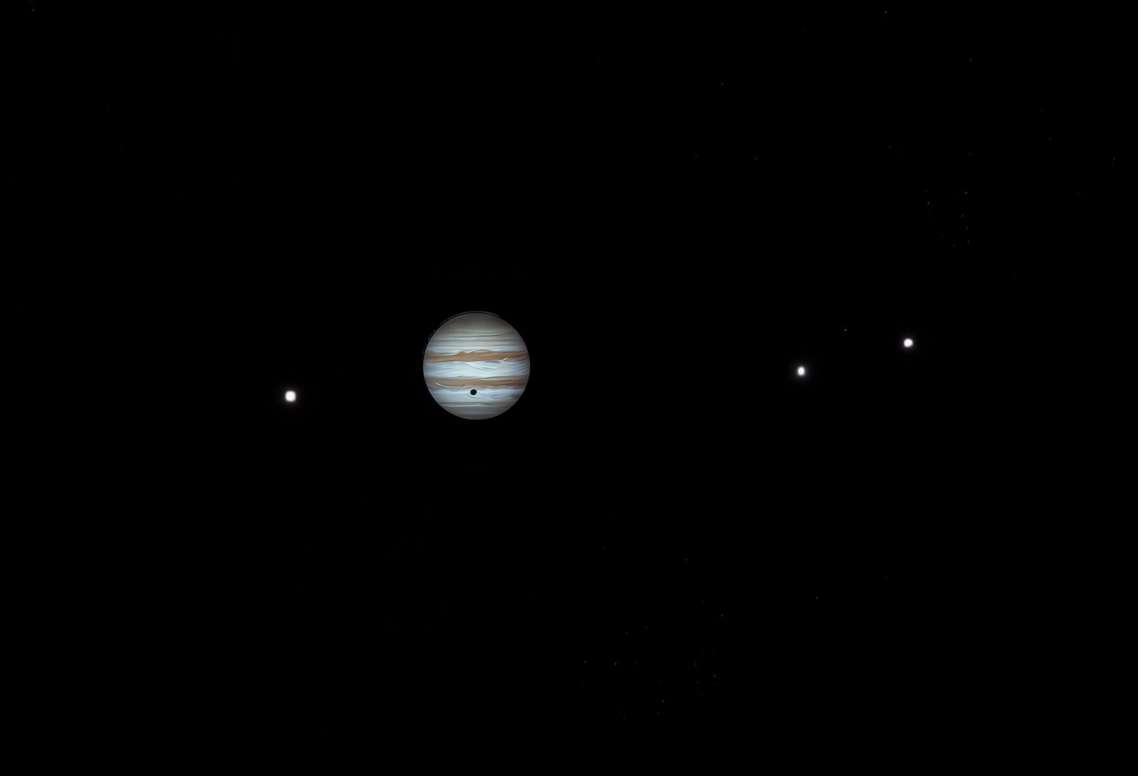 Jupiter and the four Galilean moons (Io, Europa, Ganymede, and Callisto) captured in high resolution through the Celestron EdgeHD 9.25. The long 2350mm native focal length yields exceptional scale, resolving fine atmospheric bands and Jovian storms