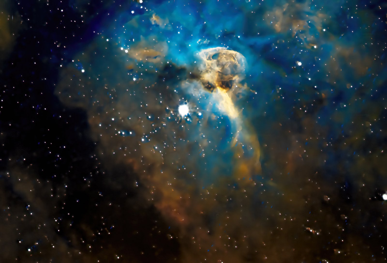 Nestled within the core of the Carina Nebula, the Keyhole Nebula (NGC 3324) takes on the silhouette of a massive guardian hound dog standing watch over Eta Carinae. The dark, dense molecular clouds form the sharp muzzle and attentive shoulders of the hound, silhouetted in stark relief against a blazing background of glowing, ionized gas.