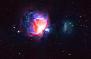 The Orion Nebula (M42), The Navigational Anchor & Drawn Bow illustrating Homer's Odyssey: Between the main part of the Orion Nebula and De Mairan’s Nebula (M43), the round object located just to the side of the main body of the Orion Nebula, is, in red, a bow-shaped structure. Although I do not have the technical equipment to capture them, deep within the nebula, energetic winds from the θ1 Orionis group of stars collide with the slow-moving nebula gas, forging spectacular, glowing cosmic bow shocks.