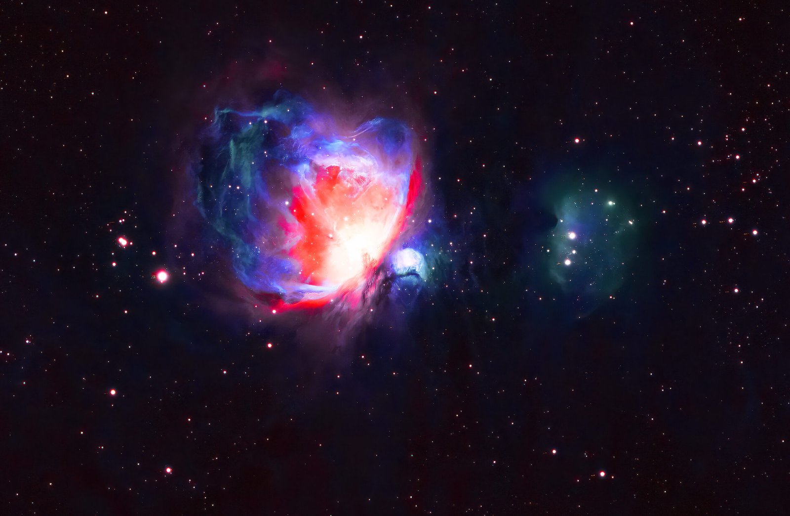 The Orion Nebula (M42), The Navigational Anchor & Drawn Bow illustrating Homer's Odyssey: Between the main part of the Orion Nebula and De Mairan’s Nebula (M43), the round object located just to the side of the main body of the Orion Nebula, is, in red, a bow-shaped structure. Although I do not have the technical equipment to capture them, deep within the nebula, energetic winds from the θ1 Orionis group of stars collide with the slow-moving nebula gas, forging spectacular, glowing cosmic bow shocks.
