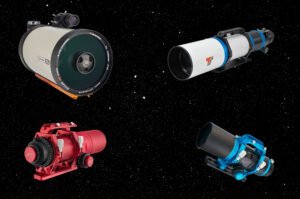 The complete imaging arsenal of telescopes at astroanderson.com. From the ultra-wide field William Optics Pleiades 68 (bottom right) and RedCat 71 (bottom left) to the deep-sky reach of the TS-Optics 130 Triplet (top right) and Celestron EdgeHD 9.25 (top left), this lineup covers every focal length from 258mm up to 2350mm under the stars